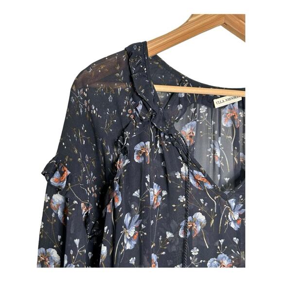 Ulla Johnson Dakota Silk Drawstring Waist Long Sleeve Floral Navy Dress Size 0 - Picture 6 of 16